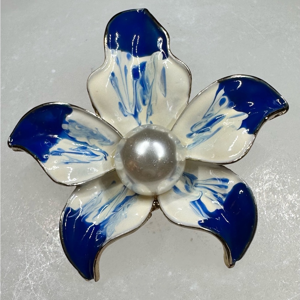 Enamel Brooch Pearl Blue Flower Brooches Pin